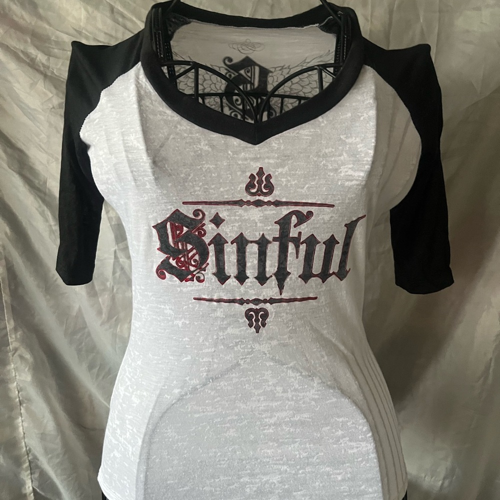 Sinful White and Black Raglan V-Neck Graphic Tee 3/4 Length Sleeve